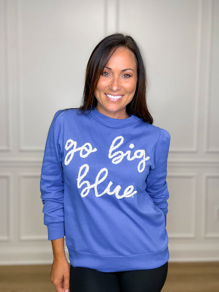 Go Big Blue Glitter Script Top Clothing Peacocks & Pearls Blue XS 