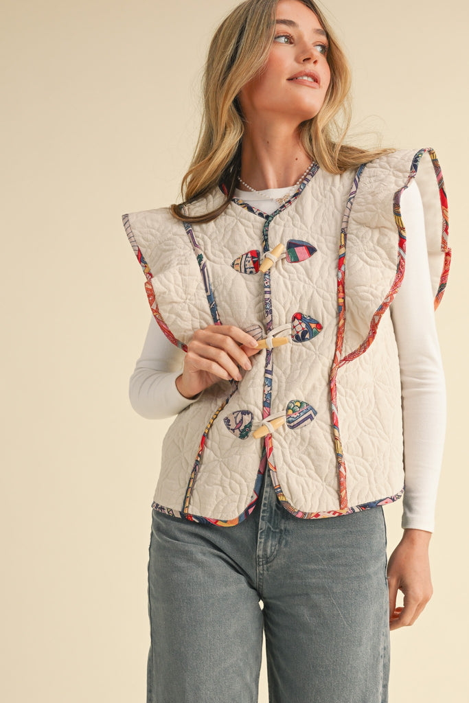 Unique Vibes Quilted Vest Clothing Peacocks & Pearls Beige S 