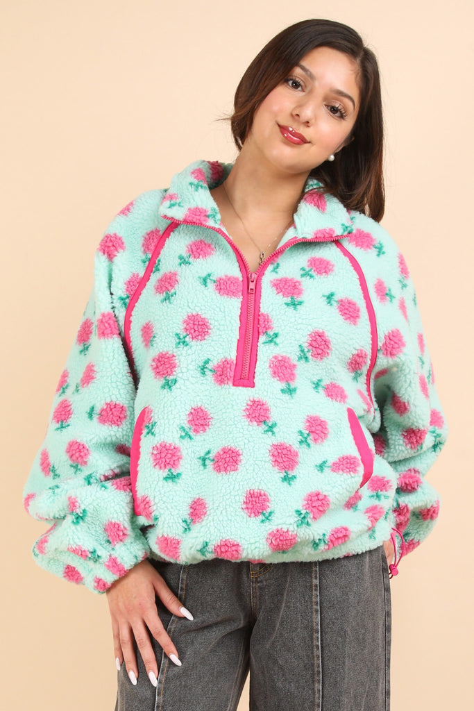 Floral Fleece Pullover Clothing Peacocks & Pearls Mint S