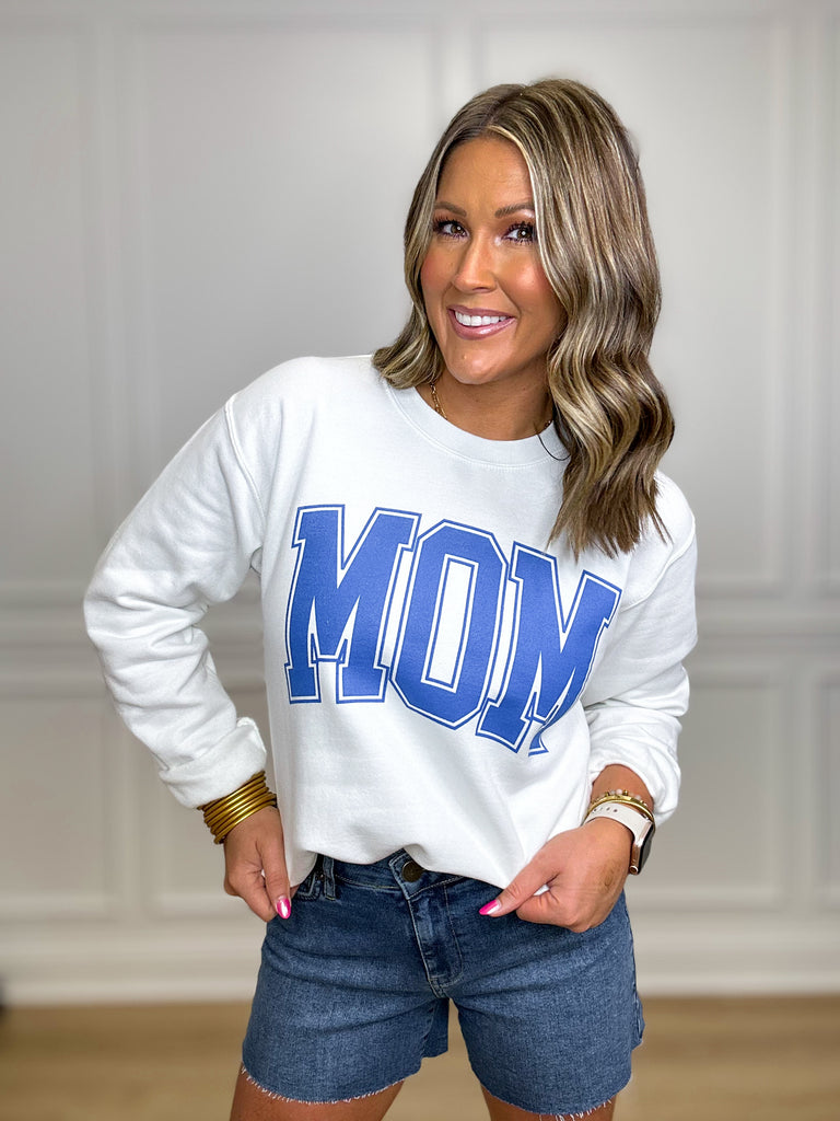 MOM Sweatshirt Clothing Peacocks & Pearls Blue Lettering S 