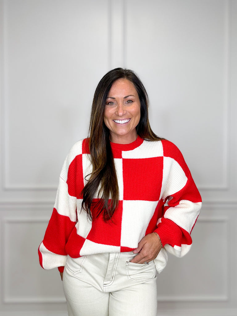 Checkerboard Chick Sweater Clothing Peacocks & Pearls Red S 