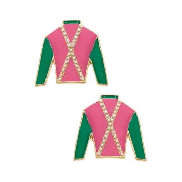 Justify Jockey Silk Stud Jewelry Peacocks & Pearls Pink & Green