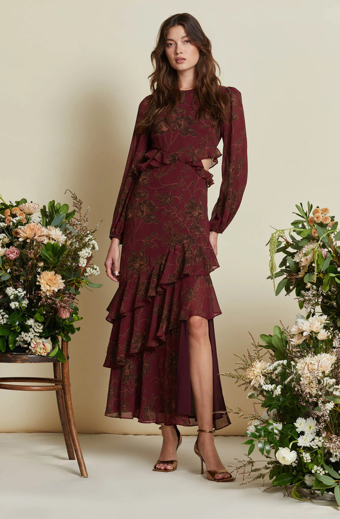 Biella Floral Maxi Clothing Peacocks & Pearls Burgundy XS 