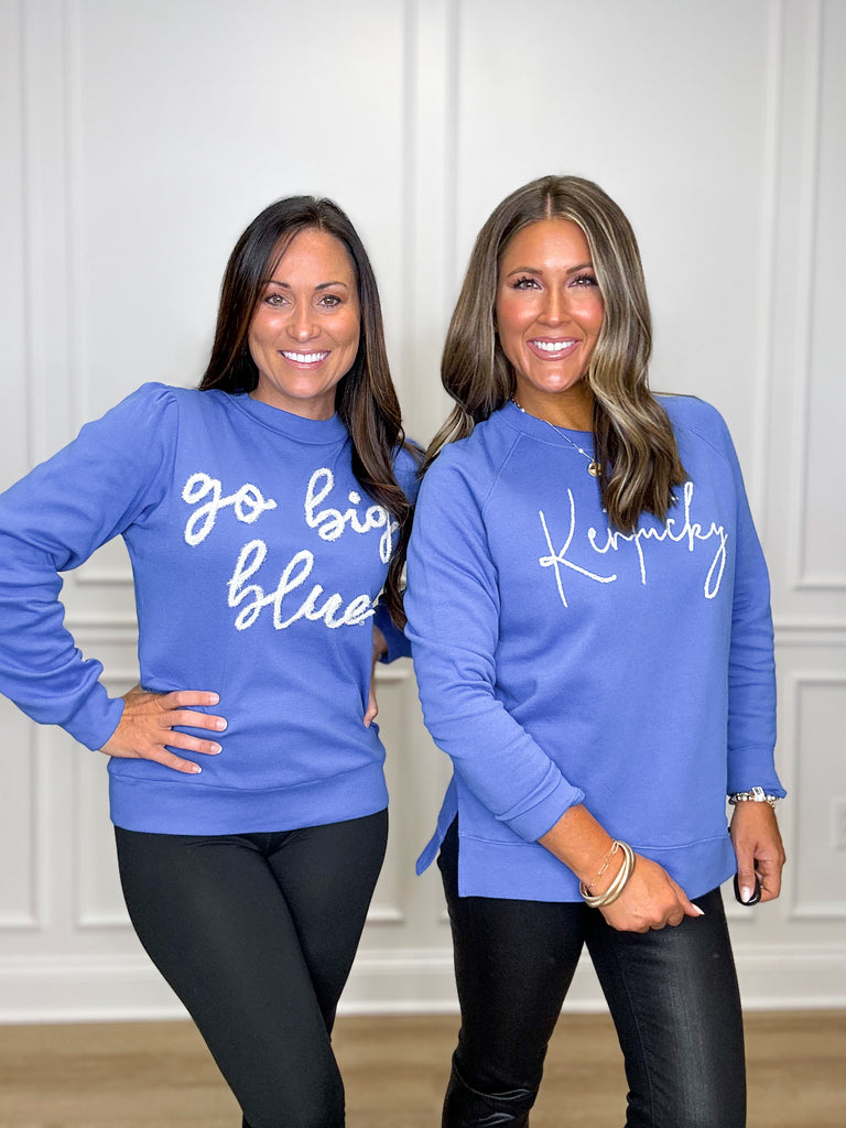 Go Big Blue Glitter Script Top Clothing Peacocks & Pearls   