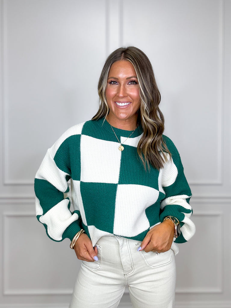 Checkerboard Chick Sweater Clothing Peacocks & Pearls Hunter Green S 