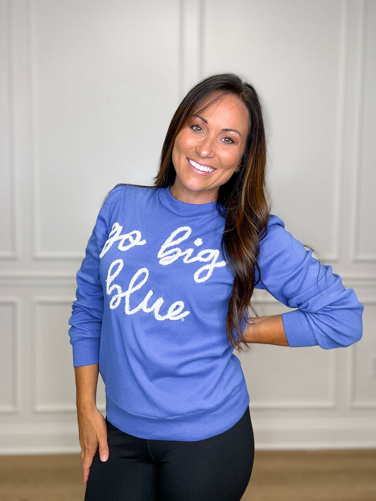 Go Big Blue Glitter Script Top Clothing Peacocks & Pearls   