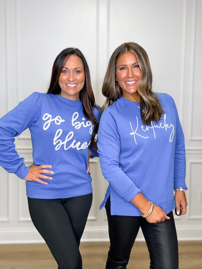 Go Big Blue Glitter Script Top Clothing Peacocks & Pearls   