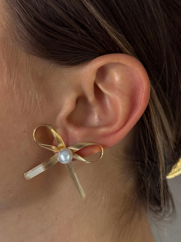 Pearl Bow Studs Jewelry ALV Jewels Gold